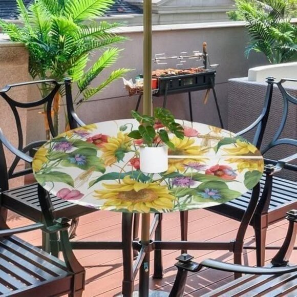 NWOT Sunflower & Poppy Outdoor Table Cover with Umbrella Hole - Picture 2 of 6